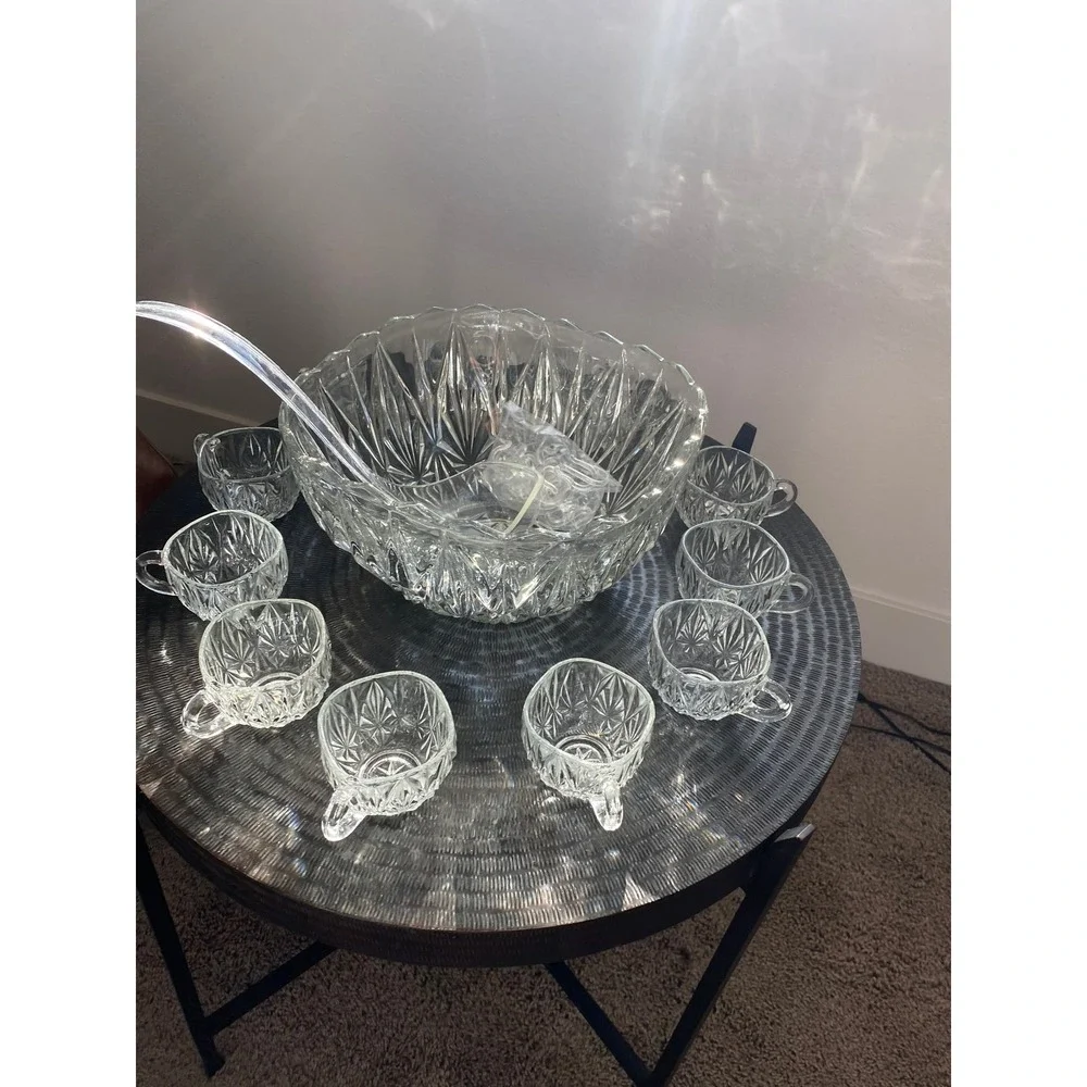 Williamsport  Vintage 12 Pc Prescut Crystal Punch Bowl Set w 10 Cups + Ladle